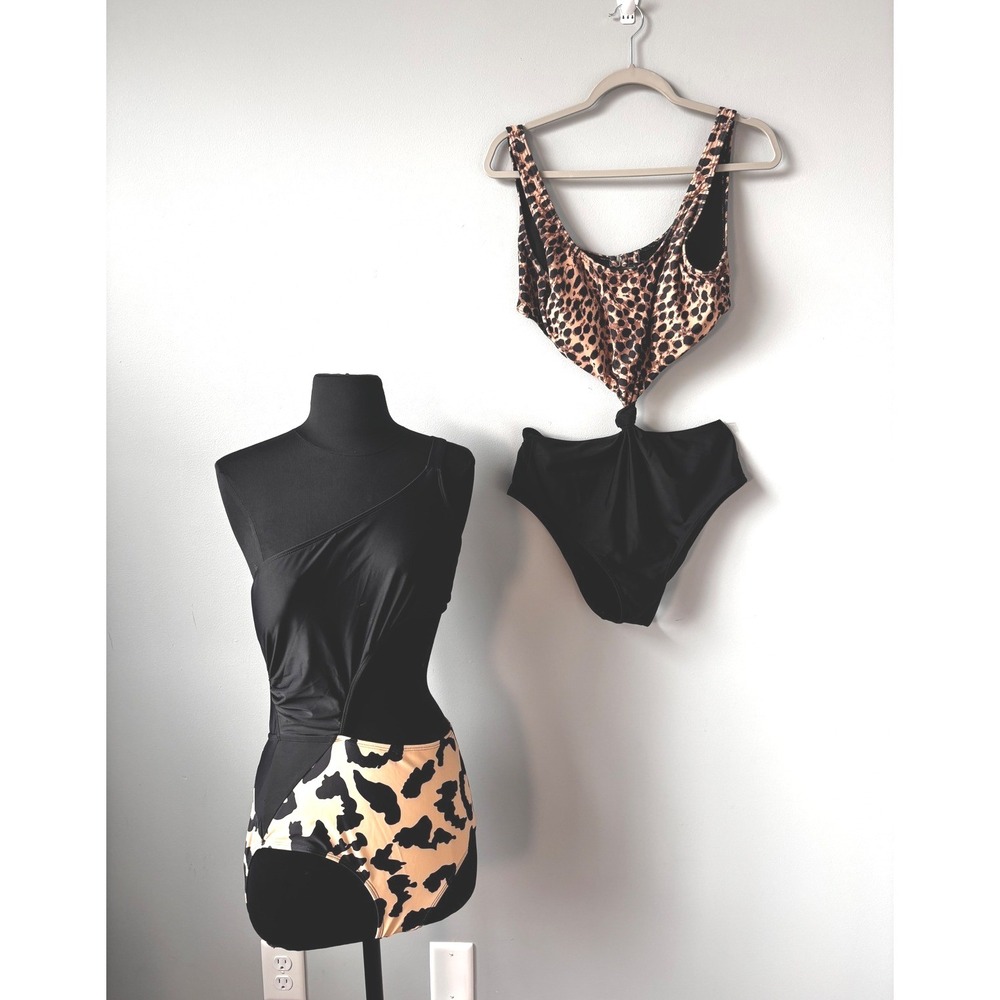 Pink Lily lot of‎ 2 One Shoulder Cut Out Swimsuit Leopard Print Bathing Suit new